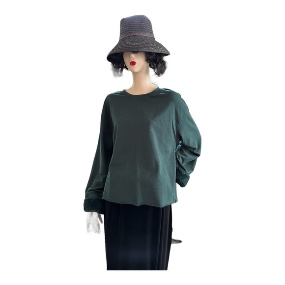 Women’s Sweatshirt Zara Crewneck Faux Fur Trim Green Sweater Long Sleeve Top - Picture 4 of 8
